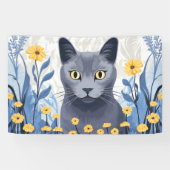 Russisch Blauwe Kat Gele Bloemen Spandoek (Horizontaal)