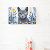 Russisch Blauwe Kat Gele Bloemen Spandoek (Insitu)