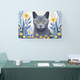 Russisch Blauwe Kat Gele Bloemen Spandoek
