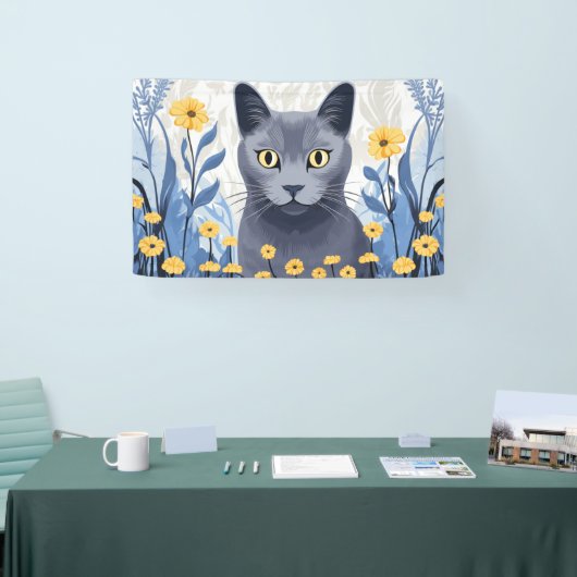 Russisch Blauwe Kat Gele Bloemen Spandoek (Beurs)