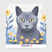 Russisch Blauwe Kat Gele Bloemen Sticker (Vel)