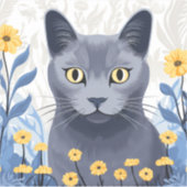 Russisch Blauwe Kat Gele Bloemen Sticker (Voorkant)