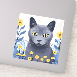 Russisch Blauwe Kat Gele Bloemen Sticker