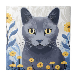 Russisch Blauwe Kat Gele Bloemen Tegeltje
