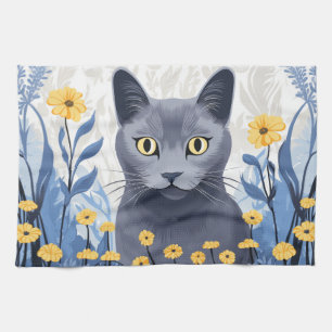Russisch Blauwe Kat Gele Bloemen Theedoek