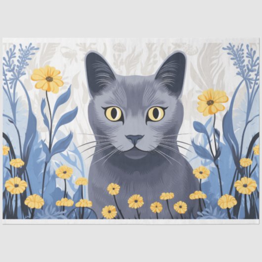 Russisch Blauwe Kat Gele Bloemen Tissuepapier (Voorkant)