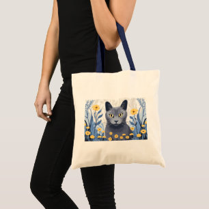 Russisch Blauwe Kat Gele Bloemen Tote Bag