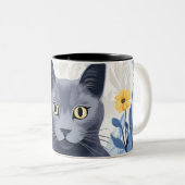 Russisch Blauwe Kat Gele Bloemen Tweekleurige Koffiemok (Voorkant rechts)