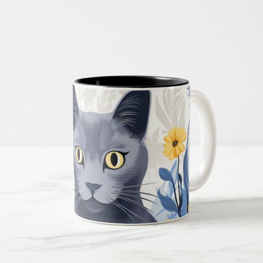 Russisch Blauwe Kat Gele Bloemen Tweekleurige Koffiemok (Voorkant rechts)