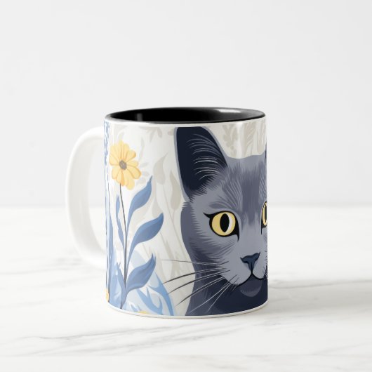 Russisch Blauwe Kat Gele Bloemen Tweekleurige Koffiemok (Voorkant links)