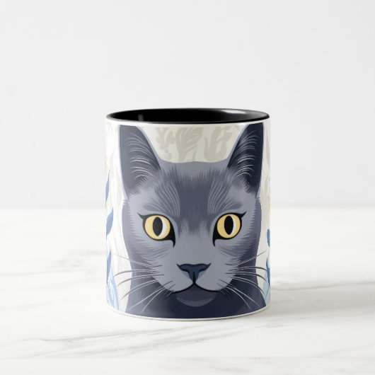 Russisch Blauwe Kat Gele Bloemen Tweekleurige Koffiemok (Center)