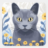 Russisch Blauwe Kat Gele Bloemen Vierkante Sticker (Voorkant)