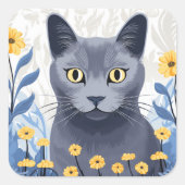 Russisch Blauwe Kat Gele Bloemen Vierkante Sticker (Voorkant)