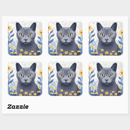 Russisch Blauwe Kat Gele Bloemen Vierkante Sticker (Vel)