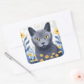 Russisch Blauwe Kat Gele Bloemen Vierkante Sticker (Envelop)
