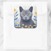 Russisch Blauwe Kat Gele Bloemen Vierkante Sticker (Tas)