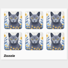 Russisch Blauwe Kat Gele Bloemen Vierkante Sticker