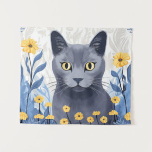 Russisch Blauwe Kat Gele Bloemen Wandkleed