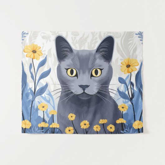 Russisch Blauwe Kat Gele Bloemen Wandkleed (Voorkant (horizontaal))