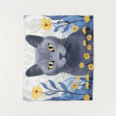 Russisch Blauwe Kat Gele Bloemen Wandkleed (Voorkant)