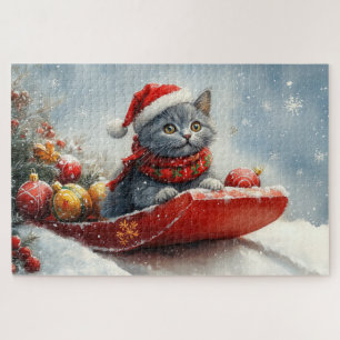 Russisch Blauwe Kat in slee Laat het sneeuwen Kers Legpuzzel