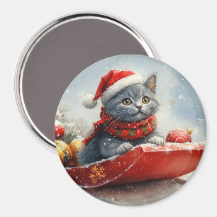Russisch Blauwe Kat in slee Laat het Sneeuwen Kers Magneet