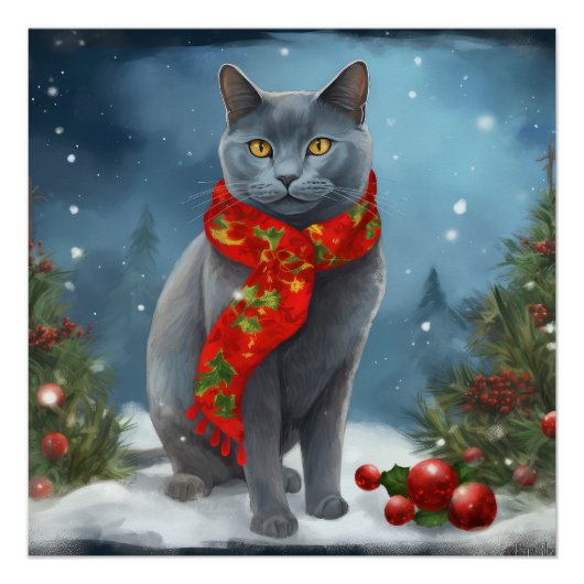 Russisch Blauwe Kat in Sneeuw Kerstmis Perfect Poster (Voorkant)