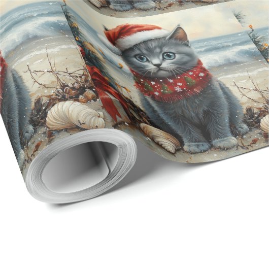 Russisch Blauwe Kat Kerst  Strand Cadeaupapier (Rol Hoek)