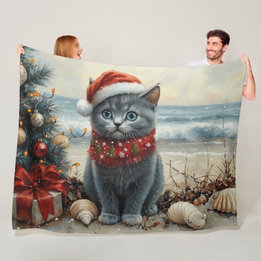 Russisch Blauwe Kat Kerst Strand Fleece Deken (In situ)