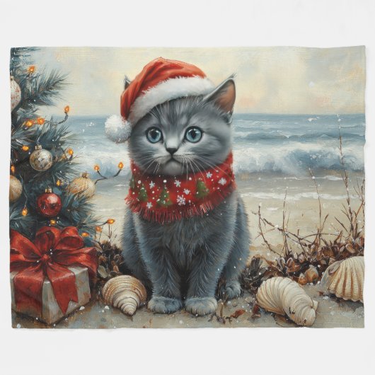 Russisch Blauwe Kat Kerst  Strand Fleece Deken (Voorkant (Horizontaal))