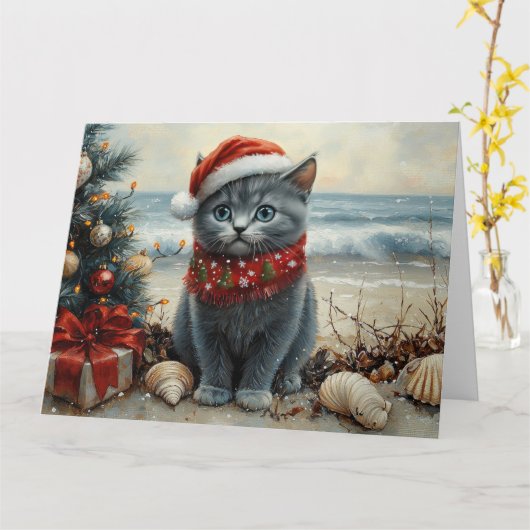 Russisch Blauwe Kat Kerst Strand Kaart (Gele Bloem)