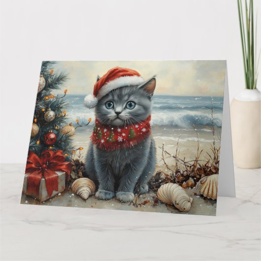 Russisch Blauwe Kat Kerst  Strand Kaart (Voorkant)