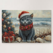 Russisch Blauwe Kat Kerst  Strand Legpuzzel (Horizontaal)