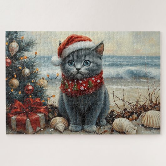 Russisch Blauwe Kat Kerst  Strand Legpuzzel (Horizontaal)