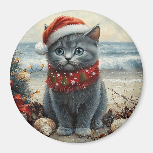 Russisch Blauwe Kat Kerst  Strand Magneet (Voorkant)