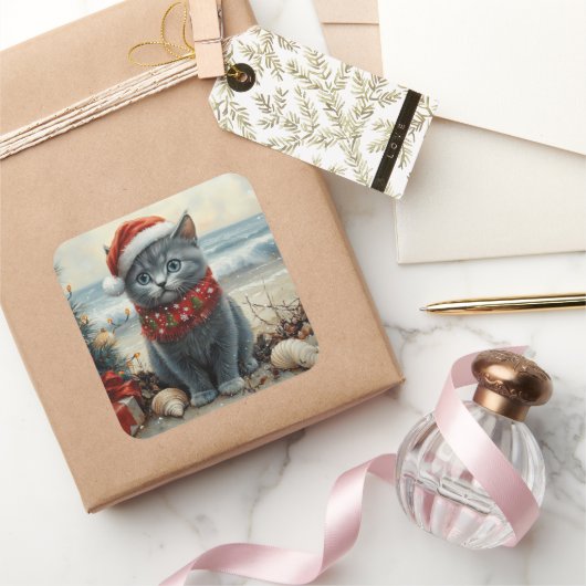 Russisch Blauwe Kat Kerst  Strand Vierkante Sticker (Geschenken)