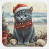 Russisch Blauwe Kat Kerst  Strand Vierkante Sticker (Voorkant)