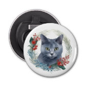 Russisch Blauwe Kat Kerstkrans Feestelijke Kitten Button Flesopener (Voorkant)
