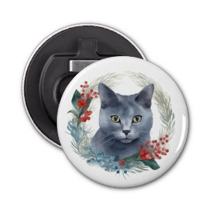 Russisch Blauwe Kat Kerstkrans Feestelijke Kitten Button Flesopener