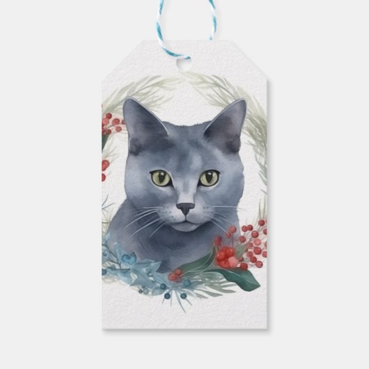Russisch Blauwe Kat Kerstkrans Feestelijke Kitten Cadeaulabel (Achterkant)