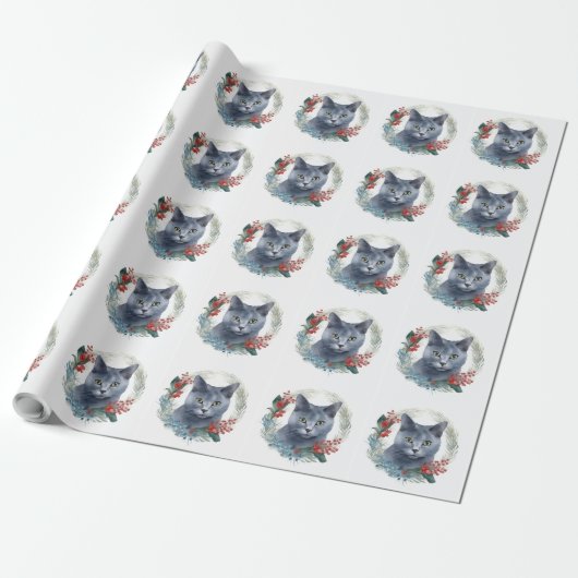 Russisch Blauwe Kat Kerstkrans Feestelijke Kitten Cadeaupapier (Uitgerold)