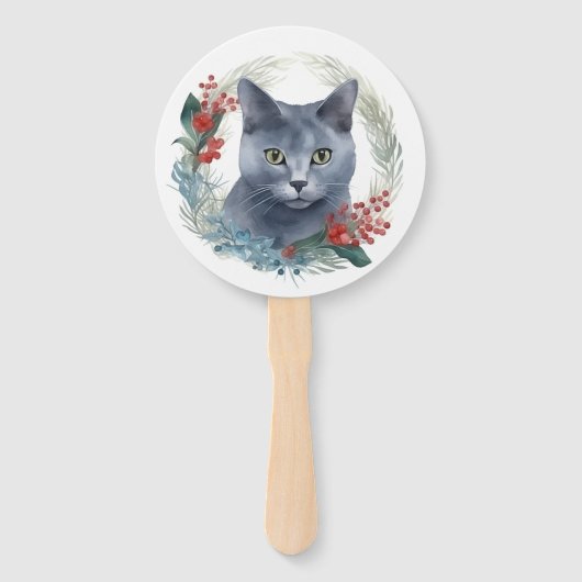 Russisch Blauwe Kat Kerstkrans Feestelijke Kitten Handwaaier (Voorkant)