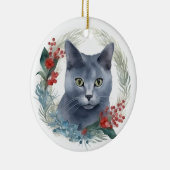 Russisch Blauwe Kat Kerstkrans Feestelijke Kitten Keramisch Ornament (Rechts)