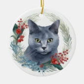 Russisch Blauwe Kat Kerstkrans Feestelijke Kitten Keramisch Ornament (Voorkant)