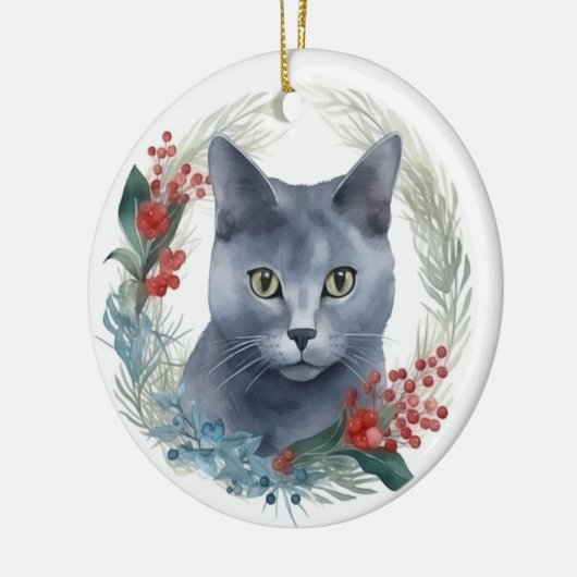Russisch Blauwe Kat Kerstkrans Feestelijke Kitten Keramisch Ornament (Links)