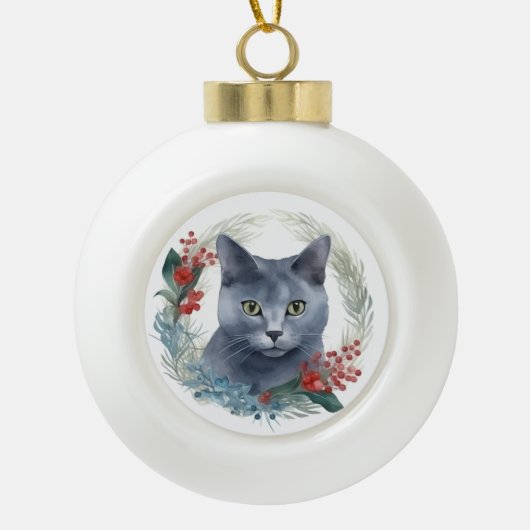 Russisch Blauwe Kat Kerstkrans Feestelijke Kitten Keramische Bal Ornament (Voorkant)