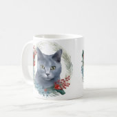 Russisch Blauwe Kat Kerstkrans Feestelijke Kitten Koffiemok (Voorkant links)