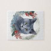 Russisch Blauwe Kat Kerstkrans Feestelijke Kitten Legpuzzel (Horizontaal)