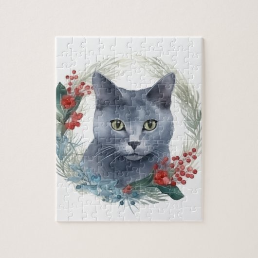 Russisch Blauwe Kat Kerstkrans Feestelijke Kitten Legpuzzel (Verticaal)