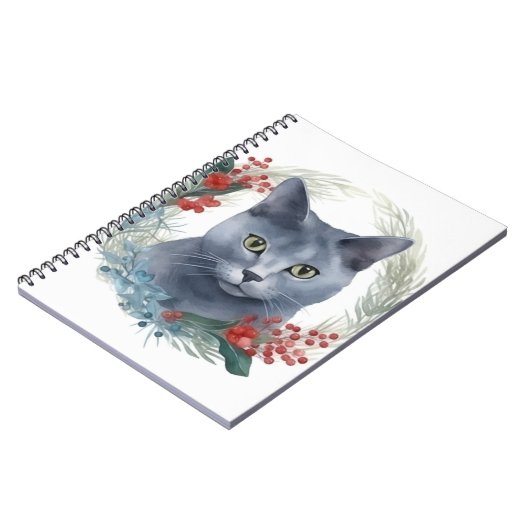 Russisch Blauwe Kat Kerstkrans Feestelijke Kitten Notitieboek (Linkerzijde)